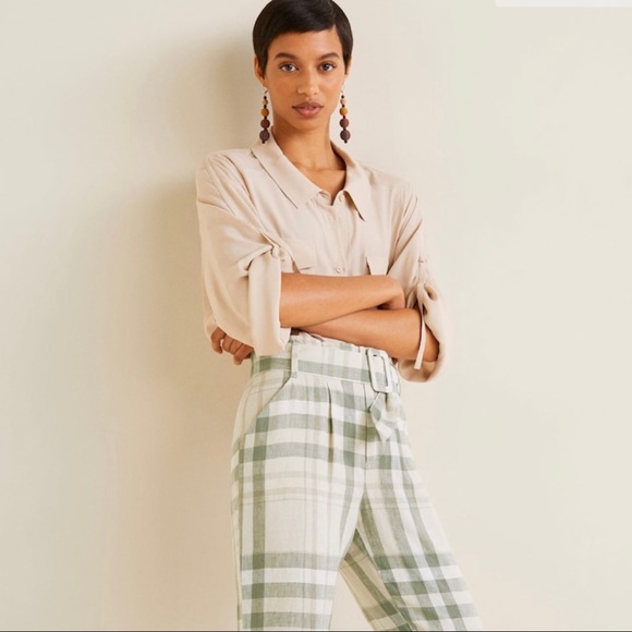 MNG Linen Belted Plaid Trousers Ankle Mid-Rise NWT - Picture 6 of 12